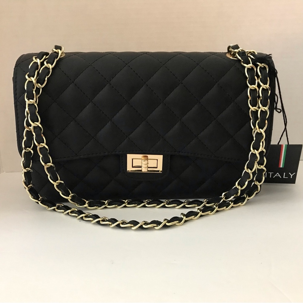 Roberta Rossi Black Quilted Leather Flap Bag NWT
